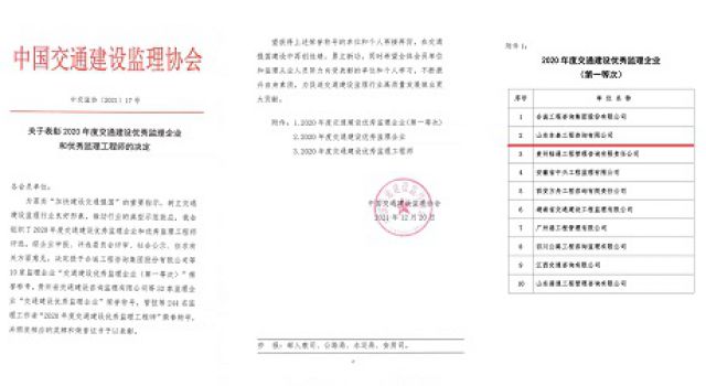 喜讯！公司获批中国交通建设监理协会第一等次优秀监理企业